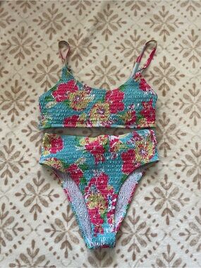 Smocked Floral Two-Piece Bikini Set - Aqua with Pink & Yellow Flowers